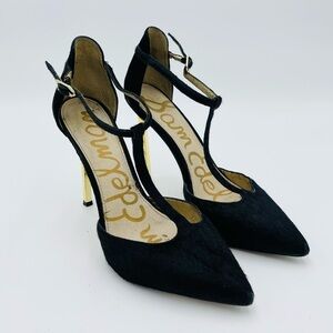 Sam Eldelman Black Leather Pointy Ankle Strap Heels